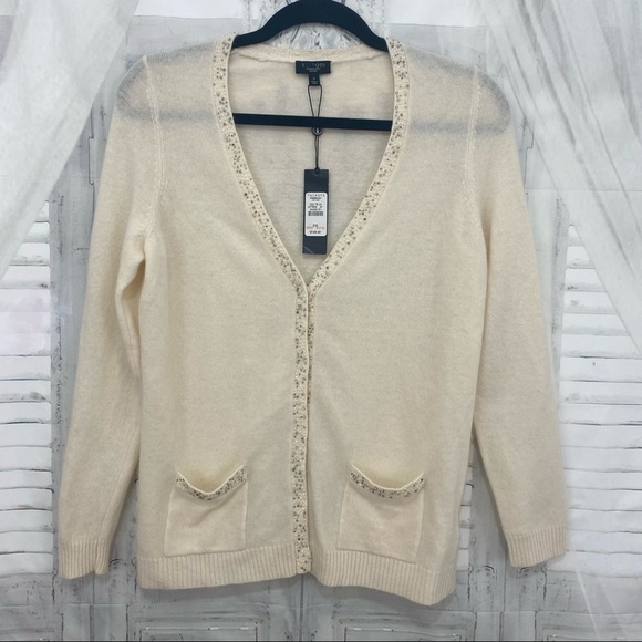 Talbots Small Petite Cardigan Lambswool Rabbit Hair Beige Snap Buttons Beads NEW - Picture 8 of 12